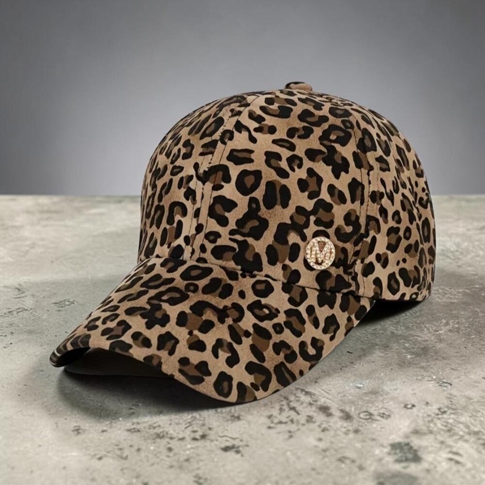 NWT Dark Brown Leopard Print Metal Back Baseball Cap Gold Accent Adjustable